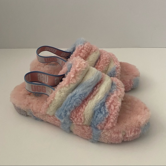 UGG Fluff Yeah Slides Cali Collage Pride Stripes Kid’s 6 (Will Fit a Women’s 8) - Picture 2 of 13